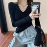 鹿珊伍秋冬新款修身緊身v領(lǐng)長(cháng)袖內搭針織衫上衣春秋洋氣毛衣女士打底衫 修身V領(lǐng)針織衫【黑色】 均碼 【建議90-110斤】 曬單實(shí)拍圖