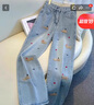 衣然呈品牛仔褲女秋冬新款加絨美式高街寬松高腰卡通立體刺繡闊腿長(cháng)褲子女 淺藍色 XL 【建議125-140斤】 曬單實(shí)拍圖