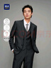 HLA海瀾之家西服套裝男三件套彈力松緊腰修身套裝男 藏青格紋99-西服+褲子+馬甲 M 170/88A46A推薦114~124斤 曬單實(shí)拍圖