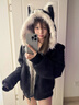 乖甜星美式毛領(lǐng)兔耳冬季加厚保暖服男女情侶百搭I(lǐng)NS外套 黑色-麂皮絨【貓耳朵】 M 70-100斤 曬單實(shí)拍圖