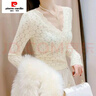 皮爾卡丹（pierre cardin）白色v領(lǐng)蕾絲打底衫女春季新款洋氣內搭修身小衫短款長(cháng)袖網(wǎng)紗上衣 杏色【款】 加絨 L 建議【100-110斤】 曬單實(shí)拍圖