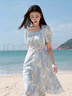 三彩大碼女裝2025夏季新款法式方領(lǐng)連衣裙短袖收腰繡花浪漫胖MM 冰川藍花卉 S 155/84B 曬單實(shí)拍圖