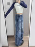 哈魯迪美式復古低腰微喇牛仔褲女2025秋冬新款水洗修身辣妹垂感拖地褲子 藍色 M （90-100斤） 曬單實(shí)拍圖