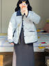 京多夢(mèng)輕薄棉服女秋冬季新短款翻領(lǐng)拼接撞色小香風(fēng)棉襖保暖外套 藍色 均碼 （120斤以?xún)龋?曬單實(shí)拍圖