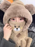 JIOESC帽子女冬季小熊帽子圍巾一體圍脖冬季騎車(chē)一體帽保暖毛絨女士棉帽 熊耳暖趣圍巾帽   米白戴口罩 曬單實(shí)拍圖