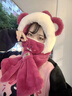 DFBK冬季帽子圍巾一體女款加絨加厚可愛(ài)小熊保暖護耳滑雪帽冬天三件套 玫紅色（帽子圍巾一體） M(56-58cm) 曬單實(shí)拍圖