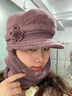 察今帽子女冬連體帽中老年人媽媽加絨厚毛線(xiàn)帽奶奶騎車(chē)保暖防風(fēng)帽圍脖 五瓣花連體款-皮紫色 曬單實(shí)拍圖