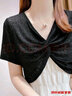 事思蕾絲小坎肩短款上衣披肩夏季配裙子薄款吊帶裙的外搭遮陽(yáng)冰絲罩衫 黑色單套頭短袖701 L 116-130斤內 曬單實(shí)拍圖