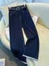 復古九分直筒牛仔褲女夏季薄款2025新款爆款蕾絲拼接顯瘦闊腿褲子 丹寧藍-贈皮帶 M (27) 【建議100-110斤】 曬單實(shí)拍圖