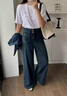 復古藍直筒牛仔褲女加絨加厚大碼高腰寬松遮胯垂感梨形身材闊腿褲 淺藍色 常規 2XL 曬單實(shí)拍圖