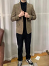 皮爾卡丹（pierre cardin）2025春秋男士西服外套韓版潮流休閑長(cháng)款修身痞帥格子毛呢西裝 卡其色 XL 建議130-150斤 曬單實(shí)拍圖