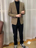 皮爾卡丹（pierre cardin）2025春秋男士西服外套韓版潮流休閑長(cháng)款修身痞帥格子毛呢西裝 卡其色 XL 建議130-150斤 曬單實(shí)拍圖