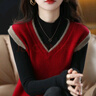 2025年春秋季新款馬甲女V領(lǐng)拼色毛衣寬松套頭背心坎肩針織衫上衣 2023藍色 XL 【建議121斤-131斤】 曬單實(shí)拍圖