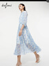 伊芙麗（eifini）蔣欣代言春裝新款木耳邊抽繩收腰設計絕美氣質(zhì)V領(lǐng)碎花連衣裙女 淡藍 L 165/88A 曬單實(shí)拍圖