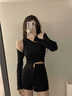 乖甜星2025新款秋冬彈力闊腿短褲女春高腰黑色顯瘦熱褲A字西裝外穿靴褲 黑色(常規款) S 建議85-95斤 曬單實(shí)拍圖