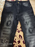 NPZ 高端潮牌牛仔褲男士修身小腳褲彈力休閑百搭黑色印花中腰長(cháng)褲子 黑色印花 加絨 30 曬單實(shí)拍圖