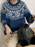 妙奕嘉藍色費爾島毛衣女款2025新款冬針織衫打底上衣洋氣內搭外穿高級感 費爾島提花慵懶復古藍色毛衣 均碼 【建議90-120斤】 曬單實(shí)拍圖