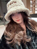 MMOPTOP字母毛絨漁夫帽女秋冬季大頭圍顯臉小帽子保暖加絨盆帽 曬單實(shí)拍圖