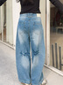 izzue it個(gè)性時(shí)尚設計磨白女式牛仔褲春季潮流舒適寬松高腰顯瘦闊腿褲 曬單實(shí)拍圖