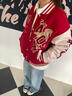 404MOBGANG馬年2026夾棉加厚毛巾繡紅色棒球服男女美式寬松休閑情侶外套潮 酒紅色 M 曬單實(shí)拍圖