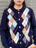 納奧蒂爾開(kāi)衫女短款毛衣外套菱形格子針織羊毛衫衫女春季冬內搭打底衫 藏藍色 M （建議85-105斤） 曬單實(shí)拍圖