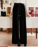 香影黑色燈芯絨直筒褲女2026春季新款蕾絲抽繩松緊腰寬松闊腿褲子 黑色 S 155/60A/85-95斤 曬單實(shí)拍圖