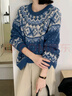 妙奕嘉藍色費爾島毛衣女款2025新款冬針織衫打底上衣洋氣內搭外穿高級感 費爾島提花慵懶復古藍色毛衣 均碼 【建議90-120斤】 曬單實(shí)拍圖