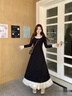 莫代爾法式花邊拼接長(cháng)袖連衣裙女2025春秋新款打底內搭彈力收腰針織長(cháng)裙 黑色 M 100-115斤左右均可 曬單實(shí)拍圖