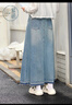 紫涵（ZIHAN）紫涵復古牛仔藍半身裙女夏季高腰顯瘦下擺毛邊A字中長(cháng)裙 牛仔藍 S 曬單實(shí)拍圖