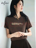 伊芙麗（eifini）朱珠代言百搭撞色字母印花灰色短袖T恤女秋季新款上衣 可咖棕 M 曬單實(shí)拍圖