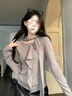 斤慕韓系設計感荷葉邊飄帶灰色長(cháng)袖修身內搭T恤打底衫上衣女秋冬新款 灰色修身打底衫 M 建議90-110斤左右 曬單實(shí)拍圖