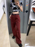 乖甜星高腰酒紅色拖地直筒牛仔褲女2025春秋新款設計感顯瘦寬松闊腿褲潮 磚紅色 S [建議80-95斤] 曬單實(shí)拍圖