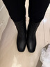 施菲雅牛皮方頭中跟短靴女歐美潮秋冬季百搭休閑保暖絨金屬扣粗跟低筒靴 黑色(絨里) 38 曬單實(shí)拍圖