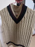 馬登工裝 復古lvy針織V領(lǐng)毛衣背心男秋季學(xué)院風(fēng)撞色立體絞花無(wú)袖馬甲 卡其 M 曬單實(shí)拍圖