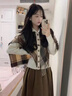 匯媚復古甜美格紋斗篷針織毛衣韓系慵懶休閑一整套套裝女2025秋冬新款 【套裝】斗篷毛衣+褐色半身裙 M 建議90-105 曬單實(shí)拍圖