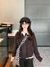 JRET外套女秋冬復古學(xué)院風(fēng)撞色拼接夾克設計小眾氣質(zhì)寬松上衣開(kāi)衫女 咖啡色 S 曬單實(shí)拍圖
