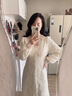 皮爾卡丹（pierre cardin）法式溫柔風(fēng)超好看V領(lǐng)蕾絲長(cháng)袖連衣裙小個(gè)子獨特絕美收腰長(cháng)裙25秋 米杏色 S 曬單實(shí)拍圖