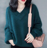 FSHE針織衫女秋冬慵懶風(fēng)韓版寬松加厚V領(lǐng)燈籠袖純色打底衫套頭毛衣女 墨綠色 M (100斤之內) 曬單實(shí)拍圖