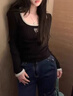 鹿珊伍高級感純欲風(fēng)方領(lǐng)內搭毛衣女秋冬2025新款秋裝修身打底衫針織上衣 方領(lǐng)撞色上衣【黑色】 M 【適合90-105斤】 曬單實(shí)拍圖