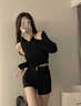 乖甜星2025新款秋冬彈力闊腿短褲女春高腰黑色顯瘦熱褲A字西裝外穿靴褲 黑色(常規款) S 建議85-95斤 曬單實(shí)拍圖