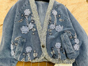 三吉黑花【幽幽】2025新款今年流行爆款立體珠片繡花加厚牛仔外套 復古藍(毛絨內里) L 曬單實(shí)拍圖