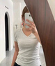 拉夏貝爾正肩短袖T恤女2025夏季新款V領(lǐng)修身顯瘦百搭打底上衣 麻灰色 M 曬單實(shí)拍圖