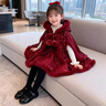 G.duck小黃鴨童裝洛麗塔公主裙兒童拜年服冬季加絨亮片新年戰袍女童裙子 酒紅色吊帶裙斗篷 100 建議2~3歲（ 90-100cm） 曬單實(shí)拍圖