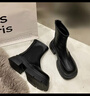 大東秘語(yǔ)厚底短靴女2024新款早秋彈力瘦瘦靴復古英倫風(fēng)馬丁靴切爾西單鞋子 黑色 38 曬單實(shí)拍圖