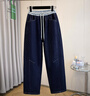 蘑菇同學(xué)韓系大碼加絨牛仔褲女冬季抽繩拼色松緊腰直筒長(cháng)褲胖mm窄版闊腿褲 深藍色 XL 建議95-120斤  曬單實(shí)拍圖