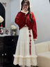 Oudihui2025年新款秋冬連衣裙女裝新中式國風(fēng)套裝紅色毛衣新年戰袍一整套 紅色毛衣+打底衫+半身裙 S 曬單實(shí)拍圖