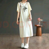品牌折扣純棉過(guò)膝中長(cháng)款連衣裙短袖口袋文藝清新大碼顯瘦裙子女夏 米白色【Awe字母小花】 2XL 建議145-160斤 曬單實(shí)拍圖