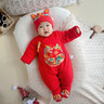 純棉滿(mǎn)月寶寶衣服冬裝新生兒百天嬰兒禮服加厚外出新年拜年棉服紅 連腳如意龍(棉花款)+帽+圍嘴 66cm 12-14斤 曬單實(shí)拍圖