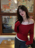 啄木鳥(niǎo)紅色圣誕一字肩打底針織衫女秋冬蕾絲拼接假兩件上衣修身內搭 紅色 S 曬單實(shí)拍圖