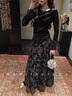 三吉黑花【扶光】新中式珠片刺繡絲絨冬季半身裙2025新款蕾絲網(wǎng)紗 墨黑 L 曬單實(shí)拍圖
